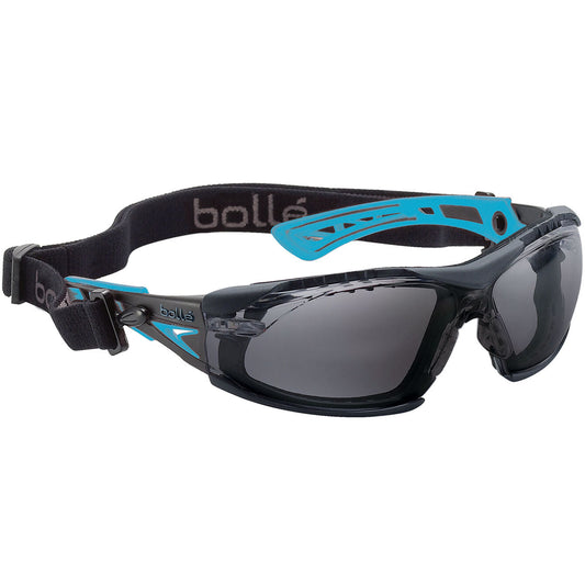 Bolle Safety Rush+ Small Seal Black / Blue Temples Platinum As/Af Smoke Lens - Assembled With Gasket & Strap - (1672302FB)