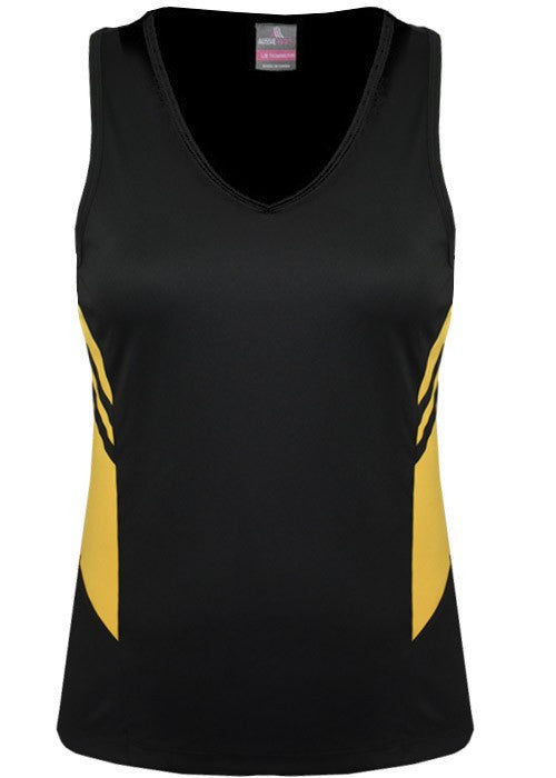 Aussie Pacific-Aussie Pacific Lady Tasman Singlet( 2nd 14 colors)-4 / Black/Gold-Uniform Wholesalers - 17