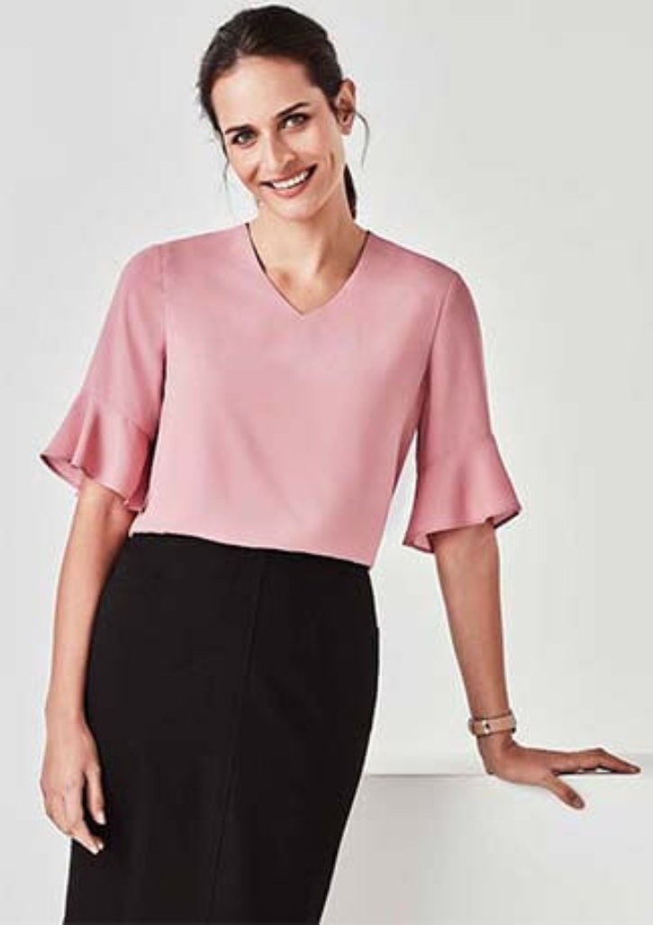 Biz Corporate Womens Aria Fluted Sleeve Blouse (RB966LS)-Clearance