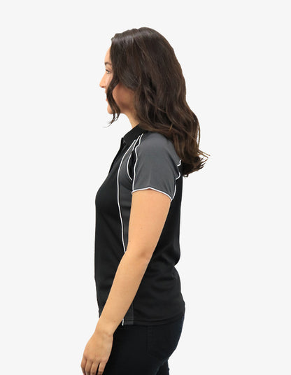 Be Seen Ladies Polo Shirt With Contrast Sleeve Edge Piping 1st Color (The Chameleon)
