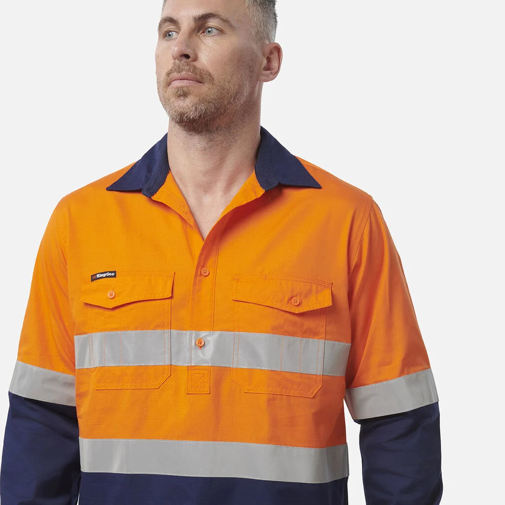 K44544 Back King Gee Workcool 2 Hi-Vis Reflective Closed Front Work Shirt (K54886 ...
