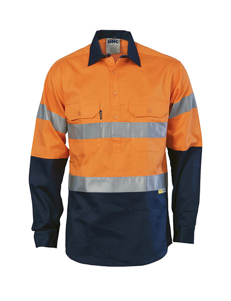 DNC HiVis Two Tone Close Front Cotton Shirt with 3M R/Tape, Long Sleeve (3849)