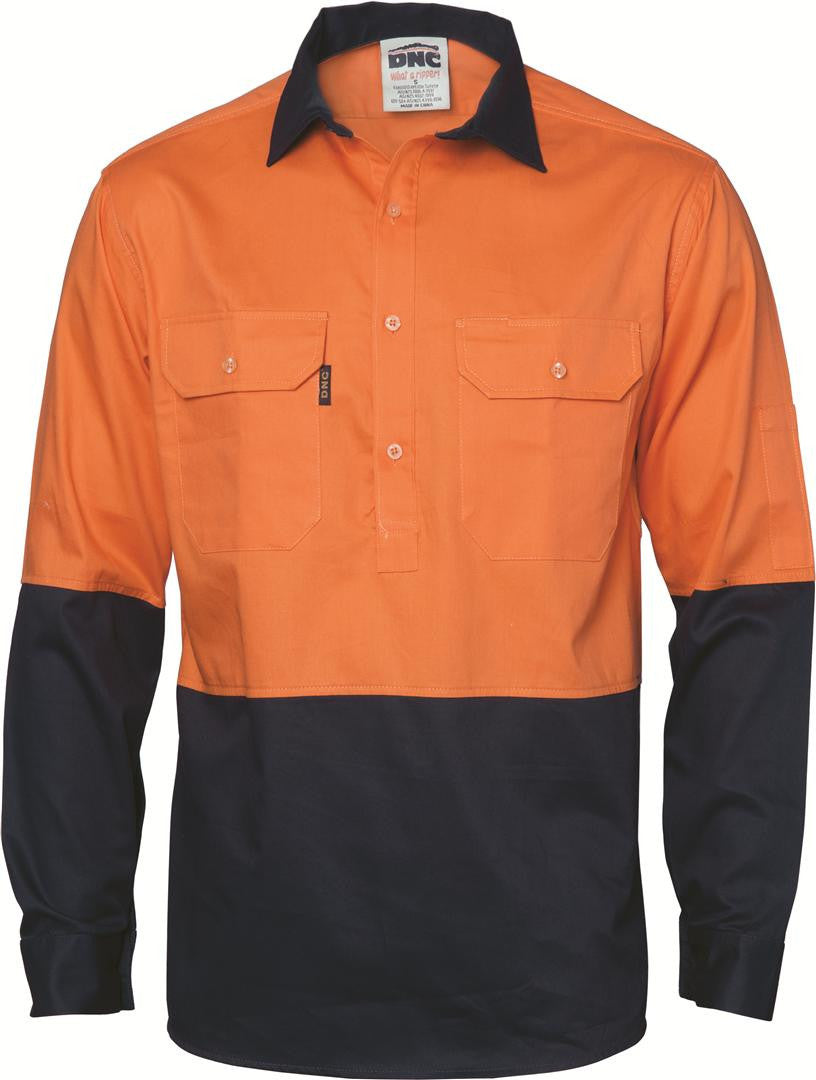DNC Hivis 2 Tone Cool-breeze Close Front Cotton Shirt - Long Sleeve (3934)