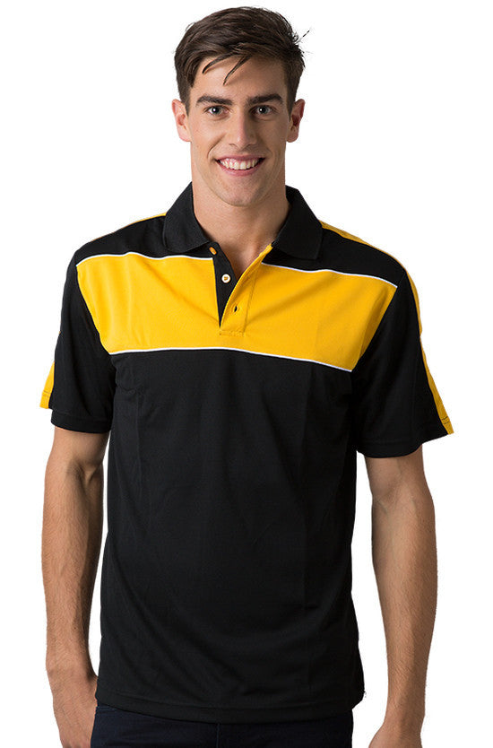 Be Seen-Be Seen Men's Polo With Contrast Shoulder-Black-Light Gold-White / XS-Uniform Wholesalers - 2