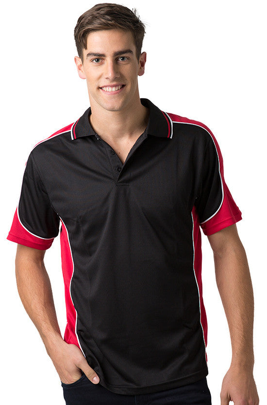 red white and black striped polo shirt