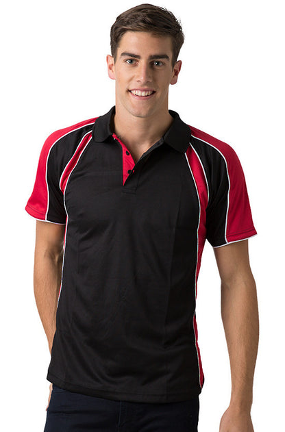 red white and black striped polo shirt
