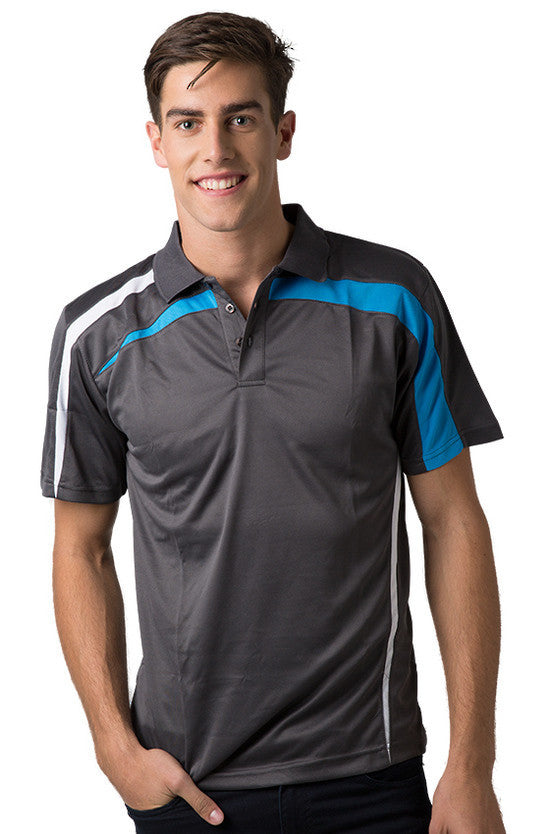 Be Seen-Be Seen Adults Polo Shirt With Contrast Side And Shoulder Panel-Charcoal-White-Hawaiian Blue / S-Uniform Wholesalers - 2