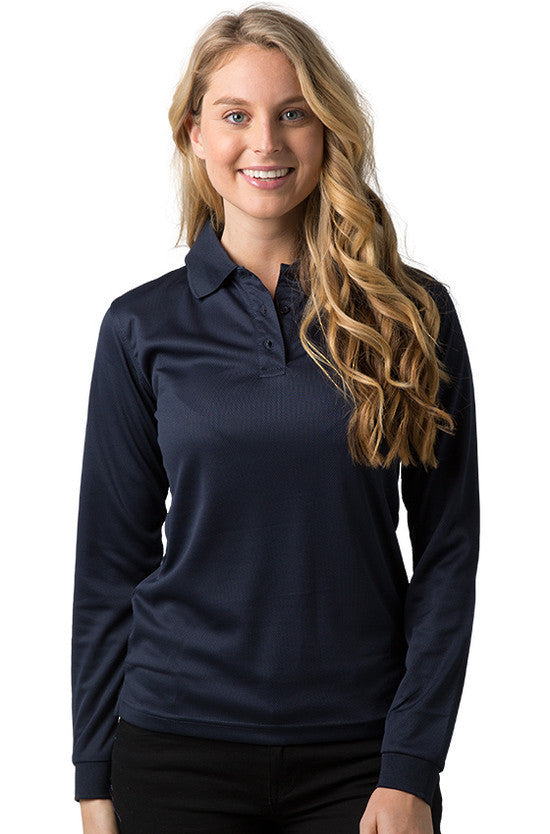Be Seen-Be Seen Ladies Long Sleeve Plain Polo Shirt With Ribbed Cuffs-Navy / 8-Uniform Wholesalers - 4