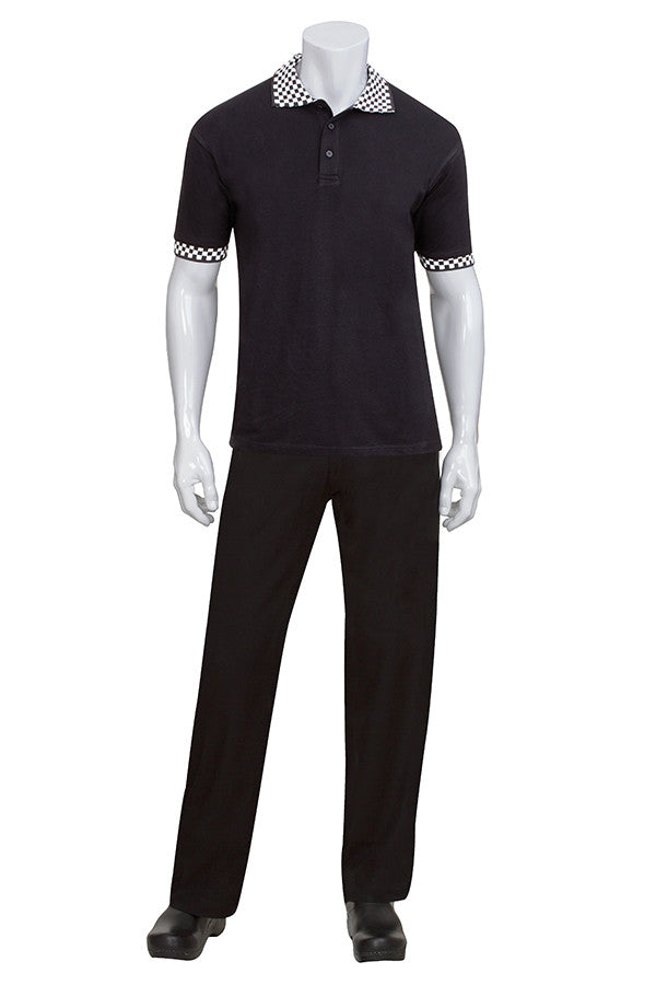 Chef Works Black Polo with Checked Cuff and Collar-(PCHB)
