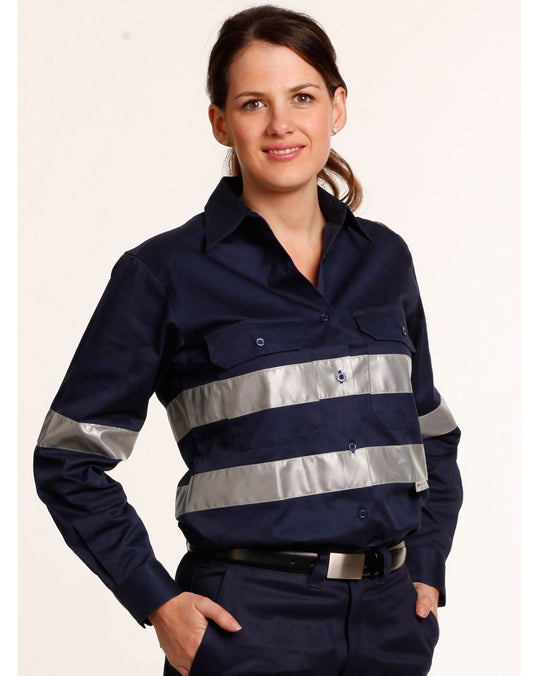 Winning Spirit Womens Cotton Drill Work Shirt With 3m Tapes-(WT08HV)