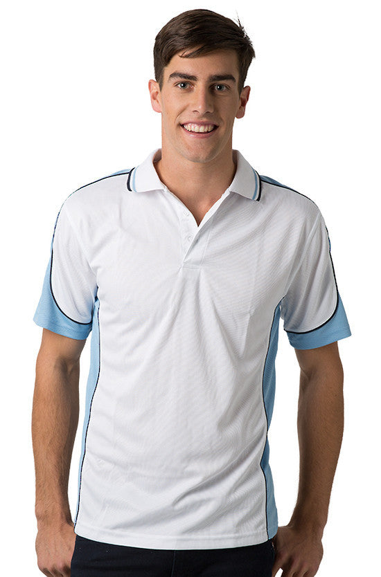 Be Seen-Be Seen Men's Polo Shirt With Striped Collar 7th( 12 Color All White )-White-Sky-Navy / XS-Uniform Wholesalers - 12