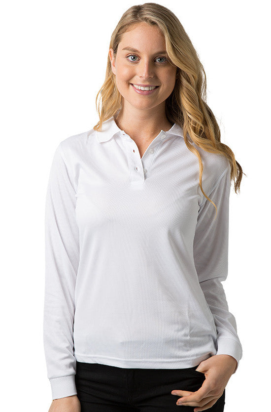 Be Seen-Be Seen Ladies Long Sleeve Plain Polo Shirt With Ribbed Cuffs-White / 8-Uniform Wholesalers - 5