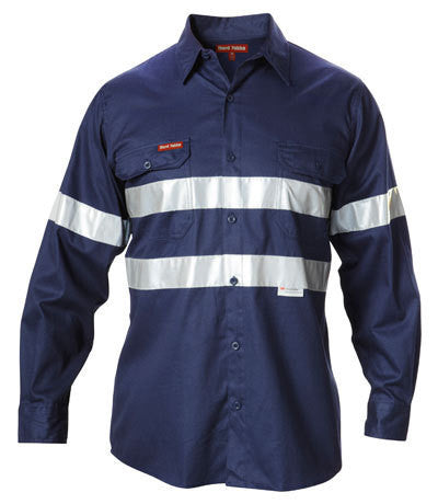 Hard Yakka-Hard Yakka Hi-visibility Cotton Drill Shirt With 3m Tape Long Sleeve-Navy / XS-Uniform Wholesalers - 1