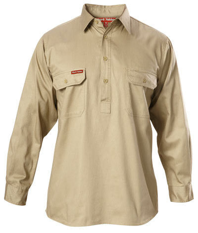 Hard Yakka-Hard Yakka Cotton Drill Closed Front Shirt Long Sleeve-Khaki / M-Uniform Wholesalers - 3