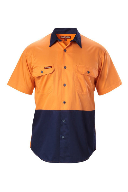 Hard Yakka-Hard Yakka Koolgear Hi-visibility Two Tone Cotton Twill Ventilated Shirt Short Sleeve-Orange/Navy / S-Uniform Wholesalers - 1