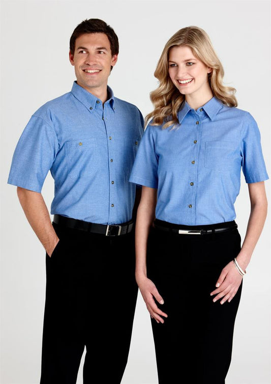 Biz Collection-Biz Collection Mens Short Sleeve Wrinkle Free Chambray Shirt--Uniform Wholesalers