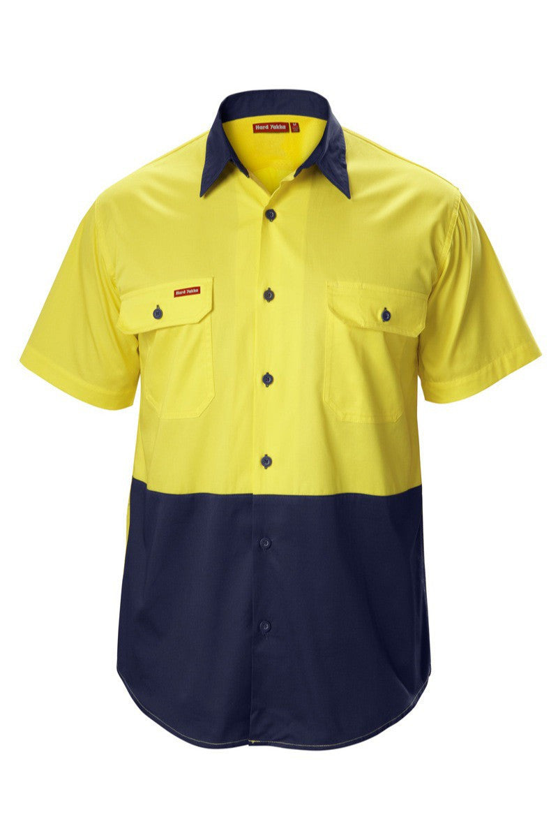 Hard Yakka-Hard Yakka Koolgear Hi-visibility Two Tone Cotton Twill Ventilated Shirt Short Sleeve-Yellow/Navy / S-Uniform Wholesalers - 3